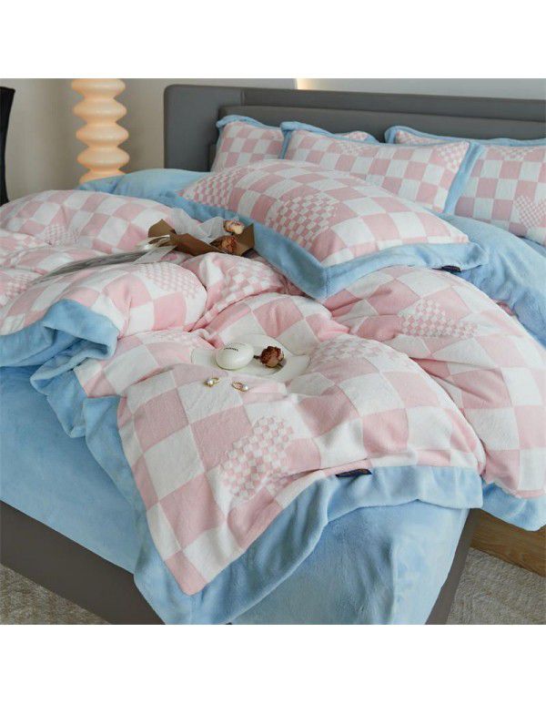 Winter thickened coral fleece milk fleece four piece set double faced Plush quilt cover sheet flannel bedding package mail 