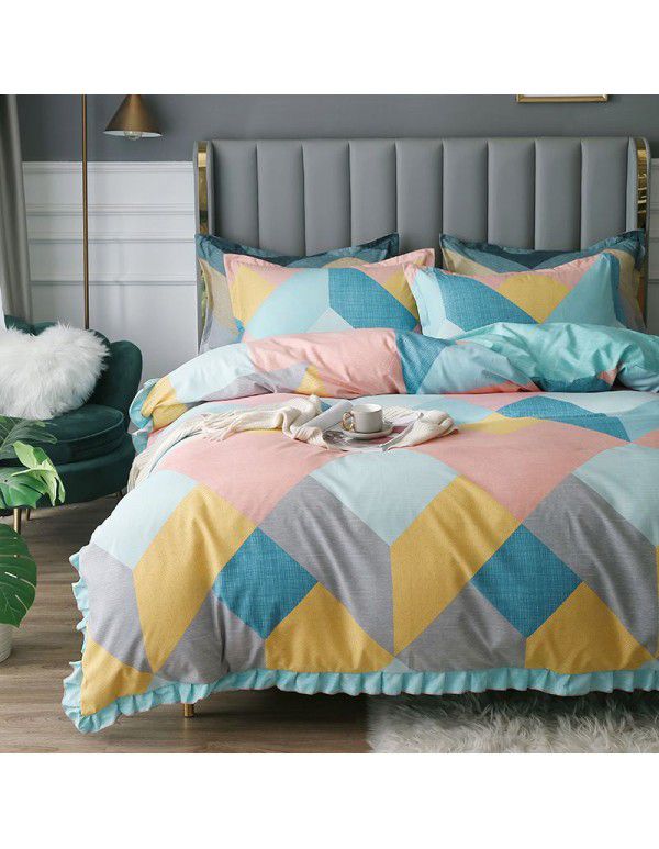 Supply bedding home textile autumn and winter thickened frosted emerald cotton four piece quilt cover three piece fitted sheet set 