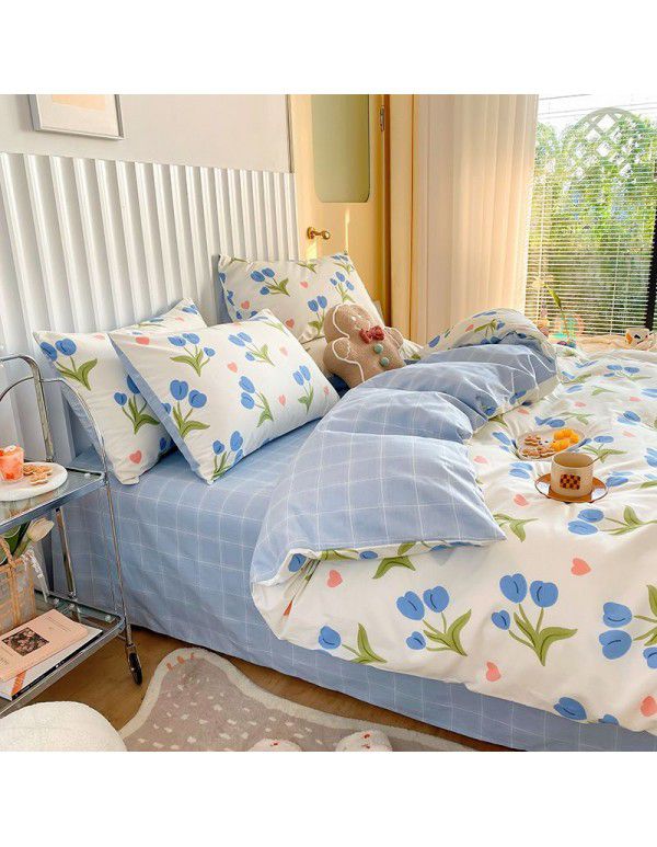 Simple small floral pure cotton 4-piece set on bed, 60 pieces of pure cotton, small and fresh bed sheets, fitted sheets, 3-piece set wholesale