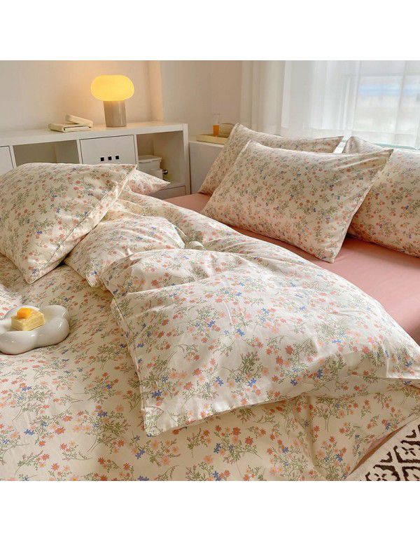 Simple small floral pure cotton 4-piece set on bed, 60 pieces of pure cotton, small and fresh bed sheets, fitted sheets, 3-piece set wholesale