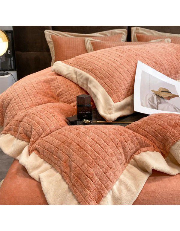 Winter thickened coral fleece milk fleece four piece set double faced Plush quilt cover sheet flannel bedding package mail 