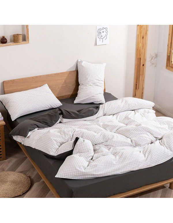 Aifeiyang cotton washing cotton kit pure cotton simple bedding four piece set 1.8m quilt cover bed sheet dark gray small grid gray 