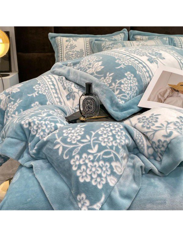 Winter thickened coral fleece milk fleece four piece set double faced Plush quilt cover sheet flannel bedding package mail 