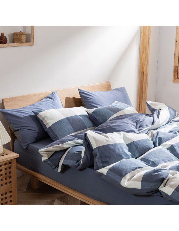 Autumn and winter new washed cotton four piece set home textile bed products pure cotton 1.5 quilt cover single three piece set blue check 