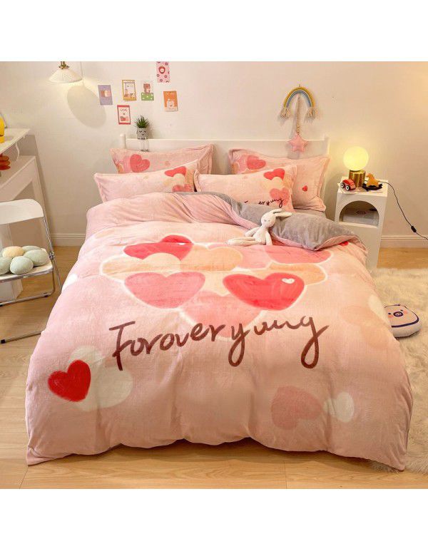 Micro business explosion large version cartoon snowflake velvet four piece set coral velvet winter Plush quilt cover bed sheet double-sided flannel 