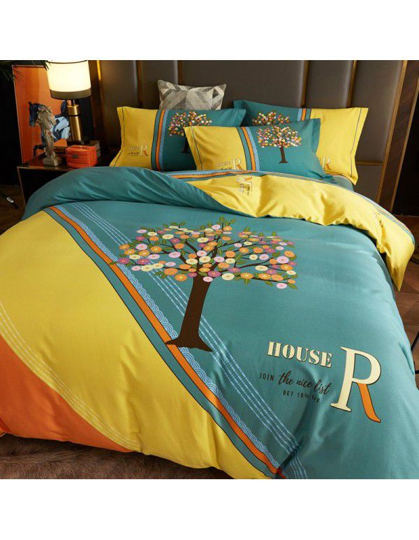 Thickened ground cotton four piece set 100 cotton bedding autumn and winter quilt cover bed sheet three piece set 4 