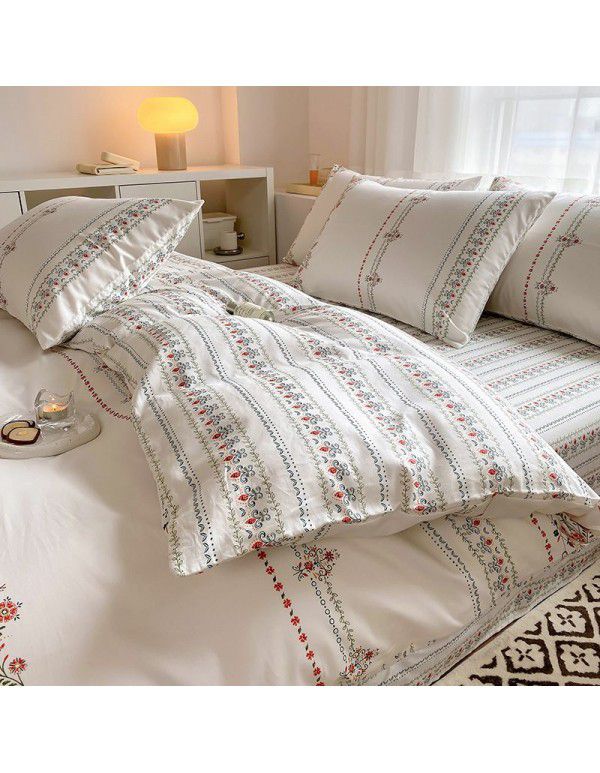 Simple small floral pure cotton 4-piece set on bed, 60 pieces of pure cotton, small and fresh bed sheets, fitted sheets, 3-piece set wholesale