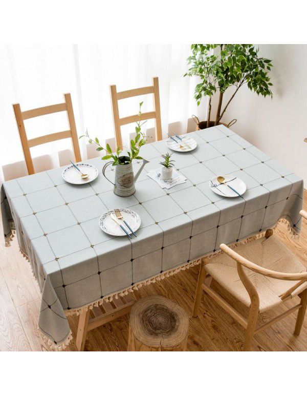 Modern simple cotton linen solid color square grid dustproof tablecloth rectangular tassel tea table table hotel tablecloth table mat 