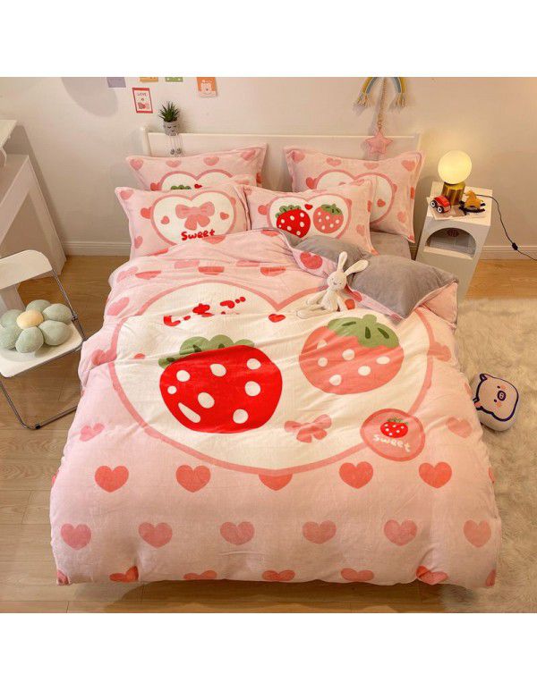 Micro business explosion large version cartoon snowflake velvet four piece set coral velvet winter Plush quilt cover bed sheet double-sided flannel 