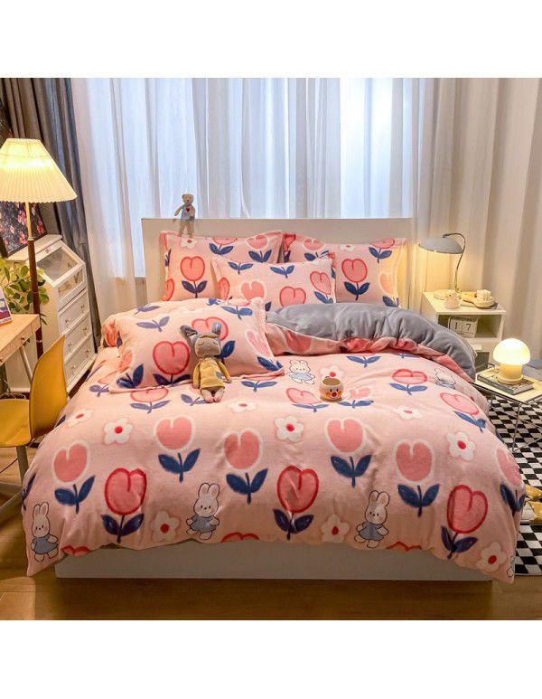 Micro business explosion large version cartoon snowflake velvet four piece set coral velvet winter Plush quilt cover bed sheet double-sided flannel 