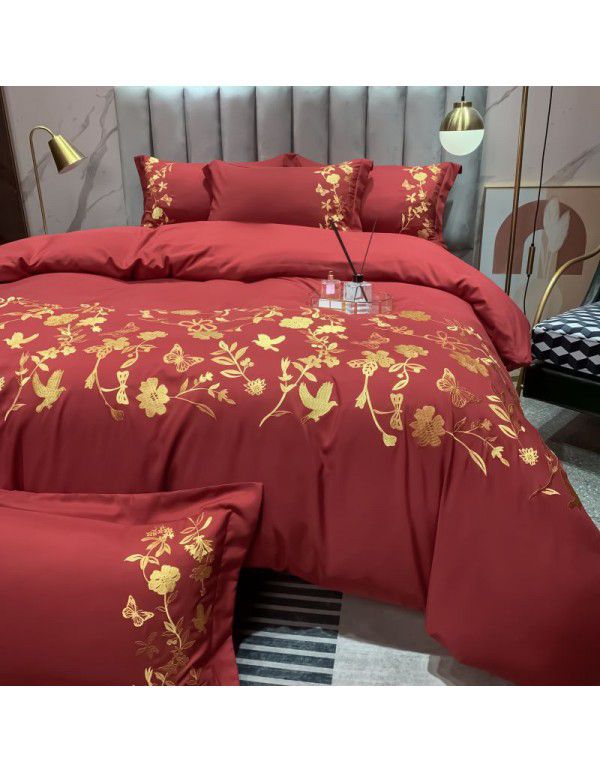 The manufacturer directly supplies 60 pieces of ground wool four piece sets of light luxury embroidered quilt sets, sheets, fitted sheets and four seasons bedding wholesale 