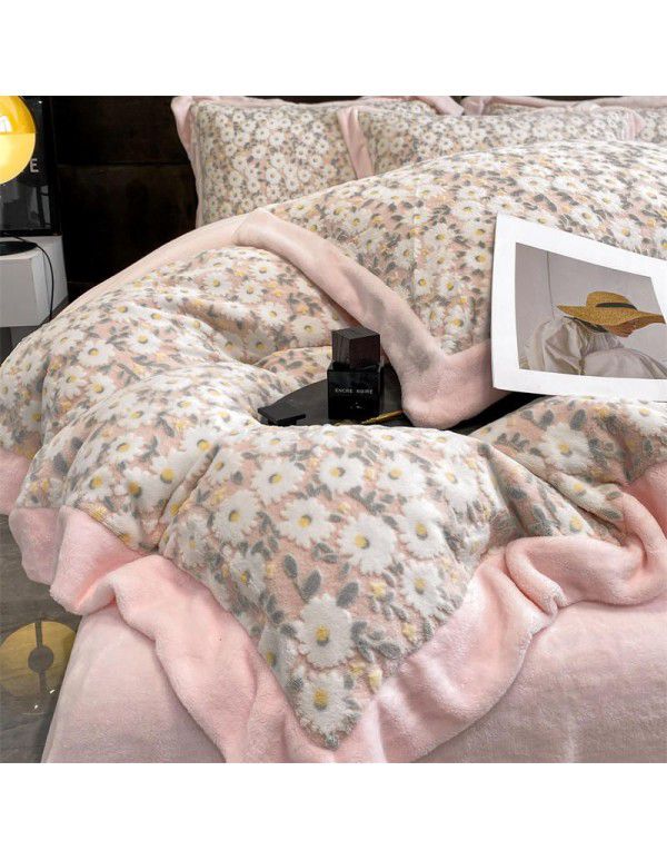 Winter thickened coral fleece milk fleece four piece set double faced Plush quilt cover sheet flannel bedding package mail 