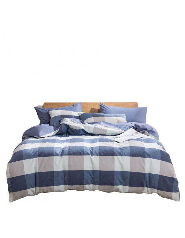 Autumn and winter new washed cotton four piece set home textile bed products pure cotton 1.5 quilt cover single three piece set blue check 