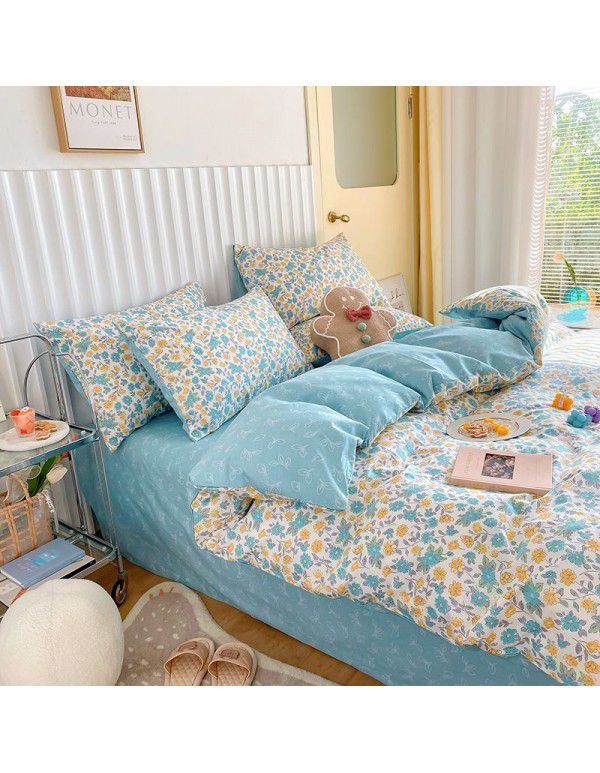 Simple small floral pure cotton 4-piece set on bed, 60 pieces of pure cotton, small and fresh bed sheets, fitted sheets, 3-piece set wholesale