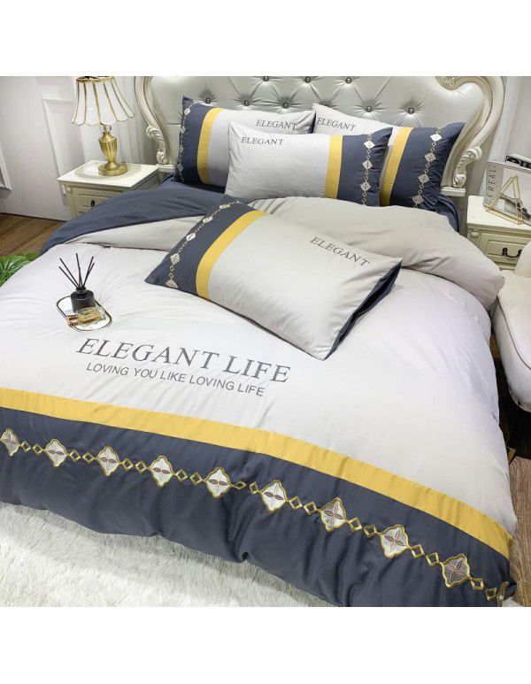 The manufacturer directly supplies 60 pieces of ground wool four piece sets of light luxury embroidered quilt sets, sheets, fitted sheets and four seasons bedding wholesale 