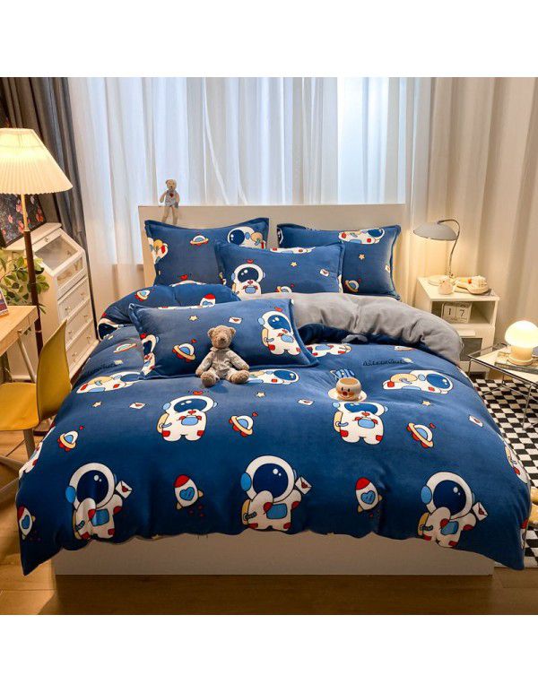 Micro business explosion large version cartoon snowflake velvet four piece set coral velvet winter Plush quilt cover bed sheet double-sided flannel 