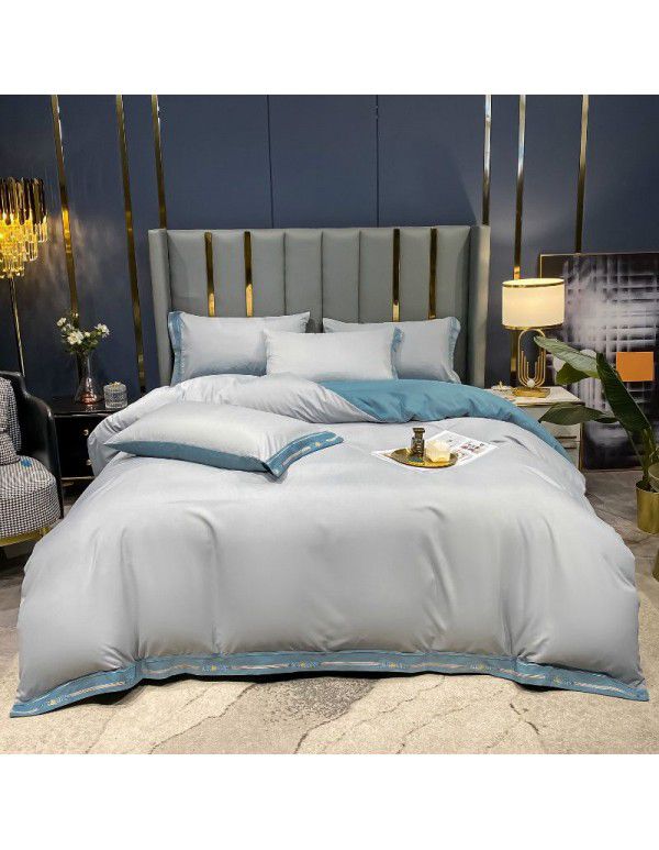 Manufacturer wholesale solid color embroidery thickened four piece quilt cover, bed sheet, double three piece fitted sheet, bed products issued on behalf 