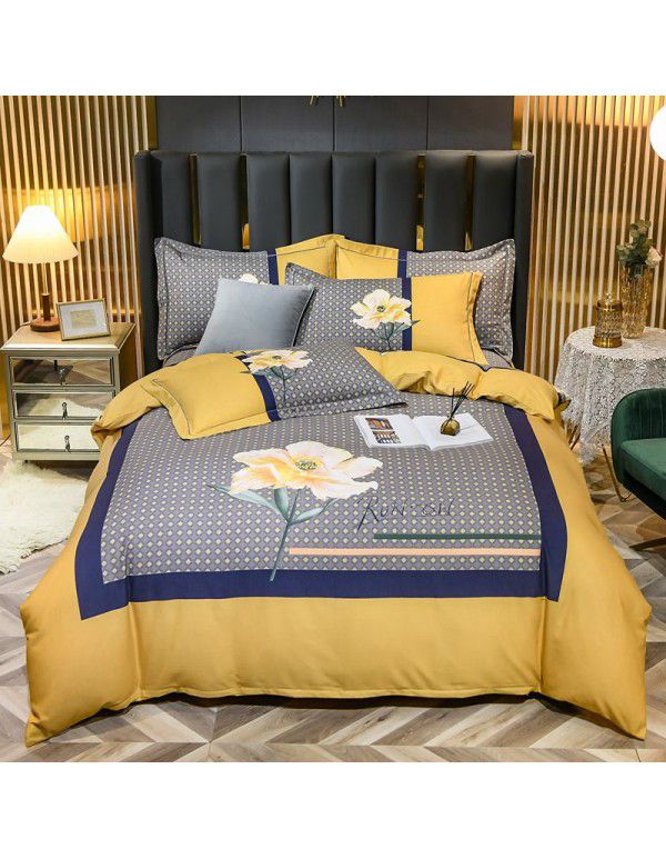 Thickened ground cotton four piece set 100 cotton bedding autumn and winter quilt cover bed sheet three piece set 4 