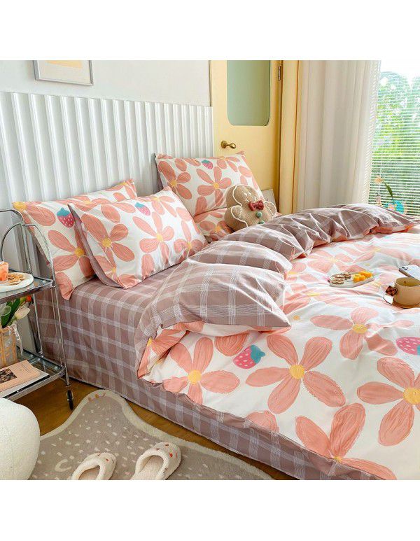 Simple small floral pure cotton 4-piece set on bed, 60 pieces of pure cotton, small and fresh bed sheets, fitted sheets, 3-piece set wholesale