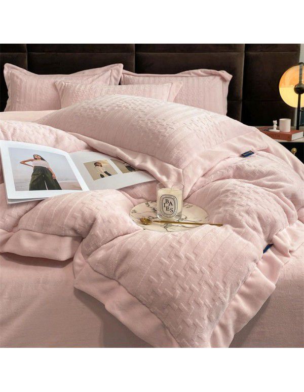 Winter thickened coral fleece milk fleece four piece set double faced Plush quilt cover sheet flannel bedding package mail 