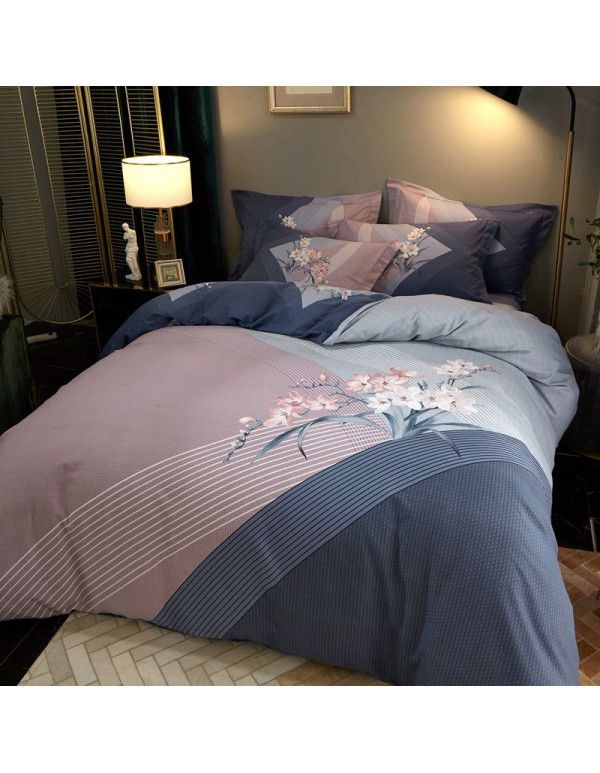 Thickened ground cotton four piece set 100 cotton bedding autumn and winter quilt cover bed sheet three piece set 4 