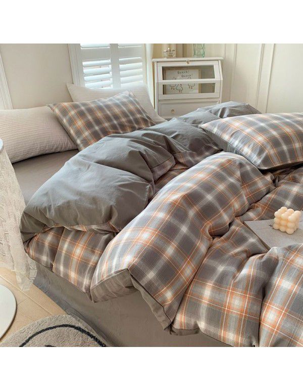 Cotton Yarn dyed Washed Cotton Four Piece Set Pure Cotton Printless Manufacturer Direct Sales Bedding, Quilt Cover, Japanese Style Good Fitted Sheet Wholesale