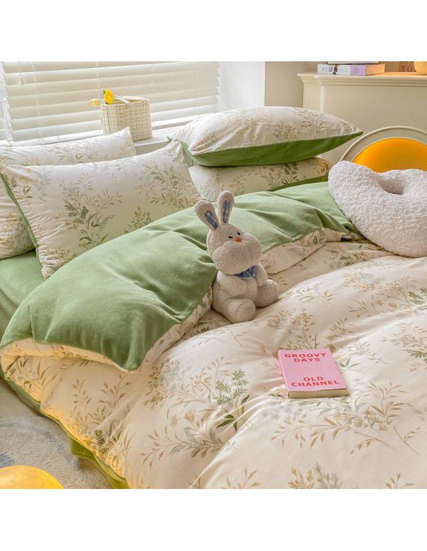 Winter A pure cotton B milk velvet bedding 4-piece set thickened cotton coral velvet quilt cover flange flannel bedspread