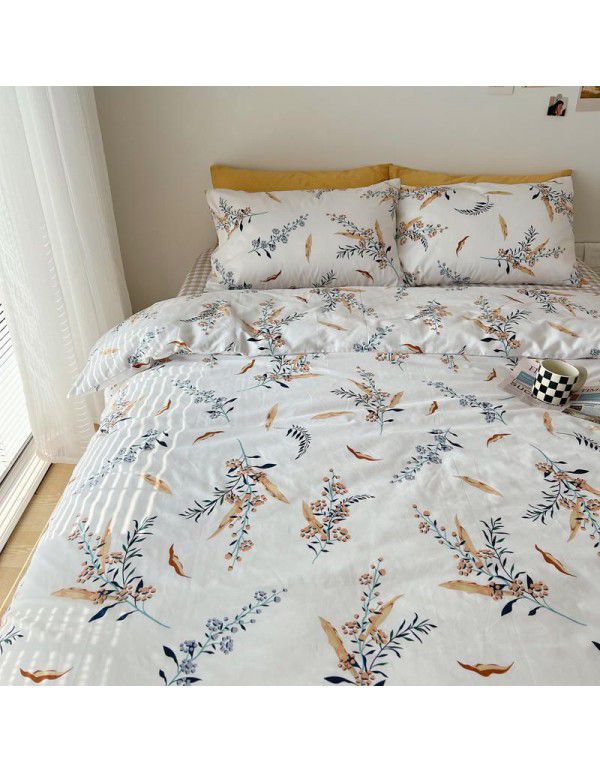 Nantong Xiaoqingxin Floral Four piece Set 100% Cotton Bedding Sheet and Quilt Cover Dormitory Three piece Nude Sleeping Set