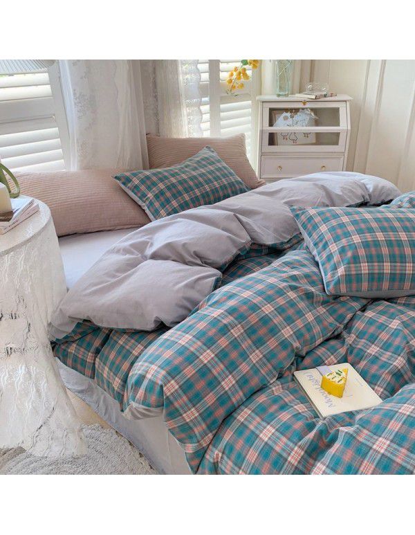 Cotton Yarn dyed Washed Cotton Four Piece Set Pure Cotton Printless Manufacturer Direct Sales Bedding, Quilt Cover, Japanese Style Good Fitted Sheet Wholesale