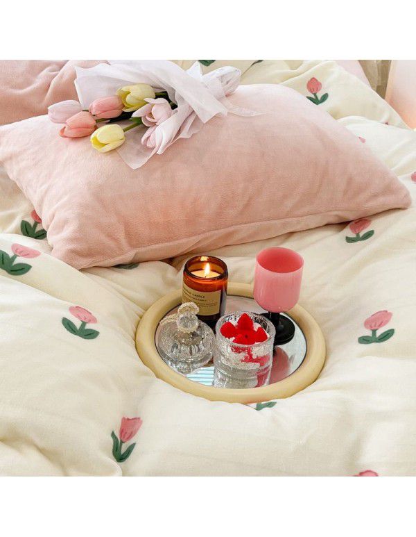 Ins fresh tulip milk velvet four piece set floral coral velvet bed sheet winter thickened quilt cover warm bed