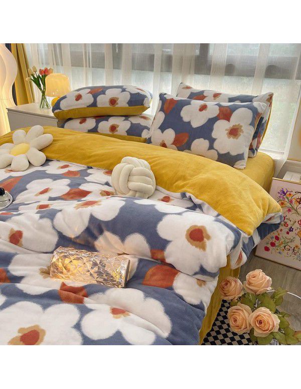 Autumn and winter cartoon small fresh milk velvet four piece set plush double faced plush thickened bed sheet quilt cover bed three piece set