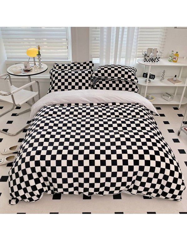 Milk velvet four piece set checkerboard thickened warm bed sheet Fitted sheet Bedding set One piece wholesale