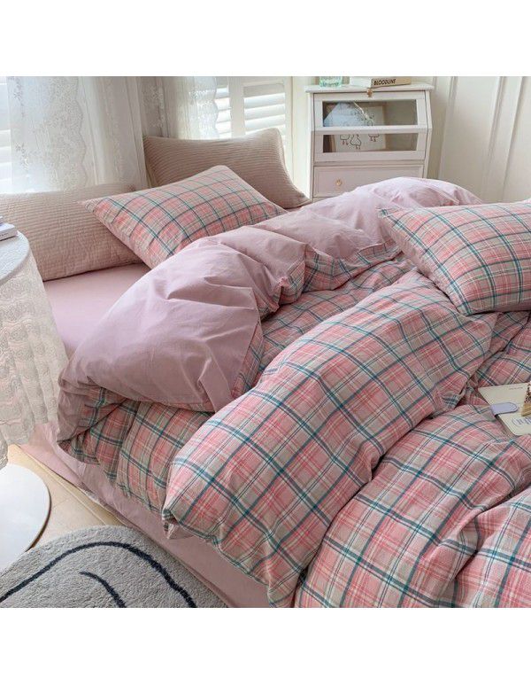 Cotton Yarn dyed Washed Cotton Four Piece Set Pure Cotton Printless Manufacturer Direct Sales Bedding, Quilt Cover, Japanese Style Good Fitted Sheet Wholesale