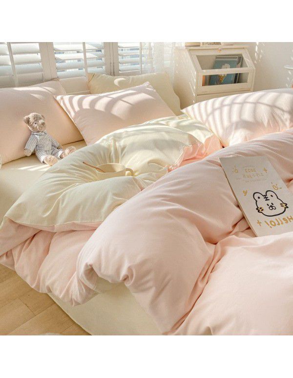 Ins style simple bedding cream style kit nude sleeping water washing cotton sheet quilt cover student dormitory four piece set