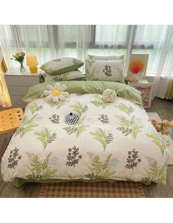 Autumn and winter cartoon small fresh milk velvet four piece set plush double faced plush thickened bed sheet quilt cover bed three piece set