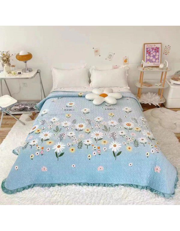 Autumn and winter thickened milk velvet bed cover three piece quilted cotton crystal velvet blanket lace warm blanket sub sheet