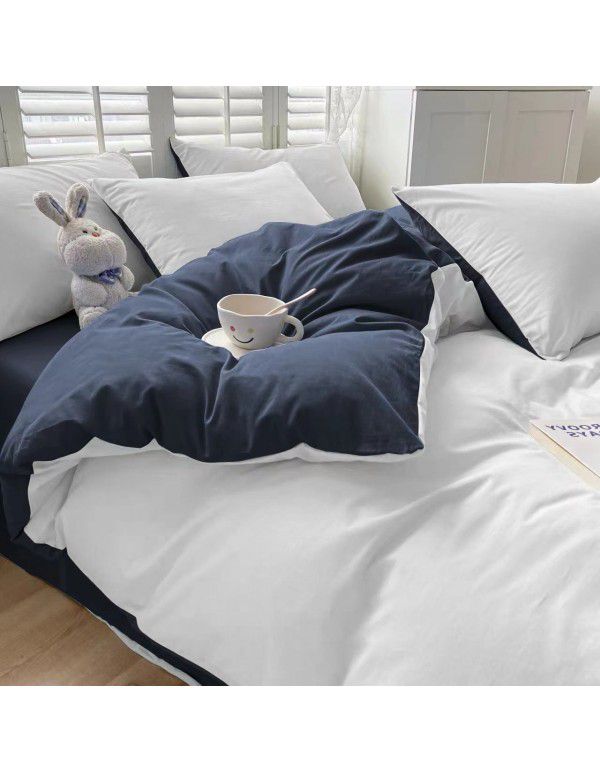 Ins style simple bedding cream style kit nude sleeping water washing cotton sheet quilt cover student dormitory four piece set