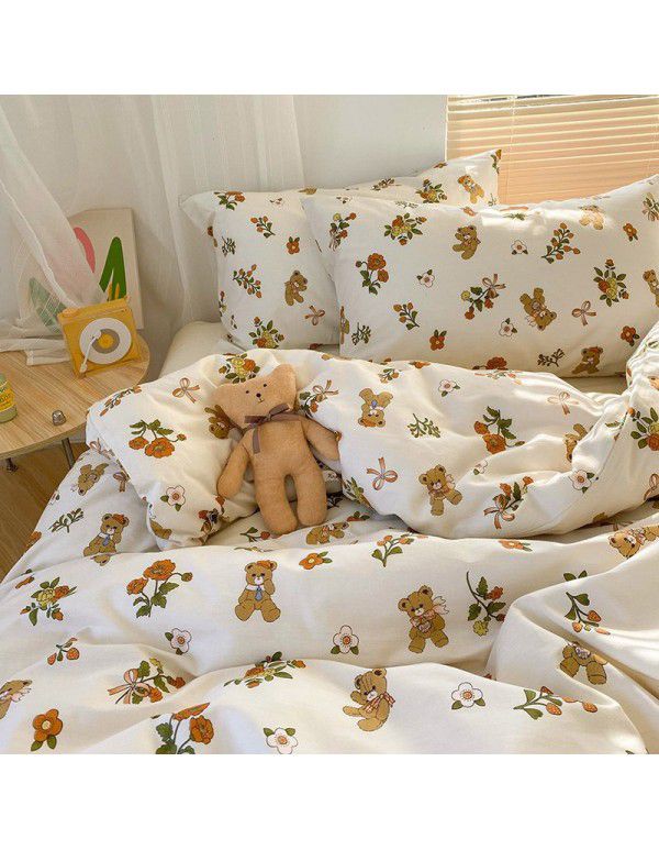 Ins style pure cotton four piece set, all cotton cartoon small fresh bed sheet, fitted sheet, quilt cover, nude sleep, color contrast