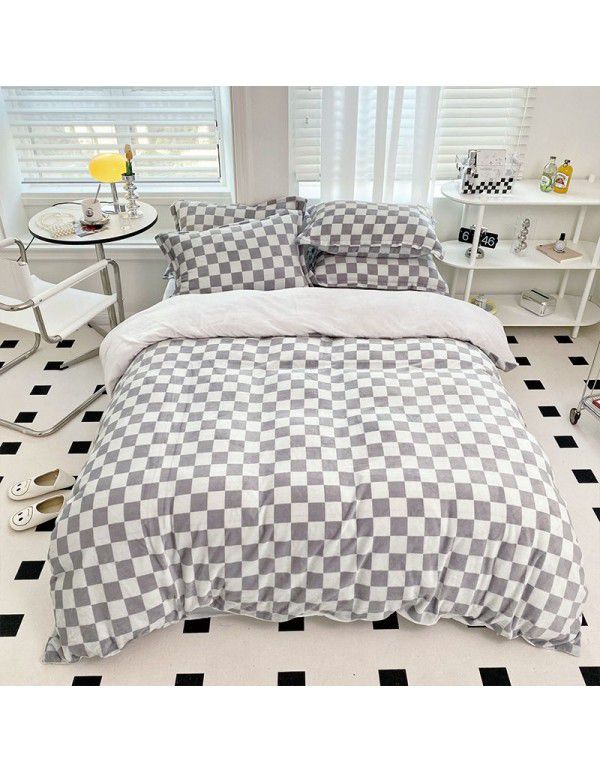 Milk velvet four piece set checkerboard thickened warm bed sheet Fitted sheet Bedding set One piece wholesale