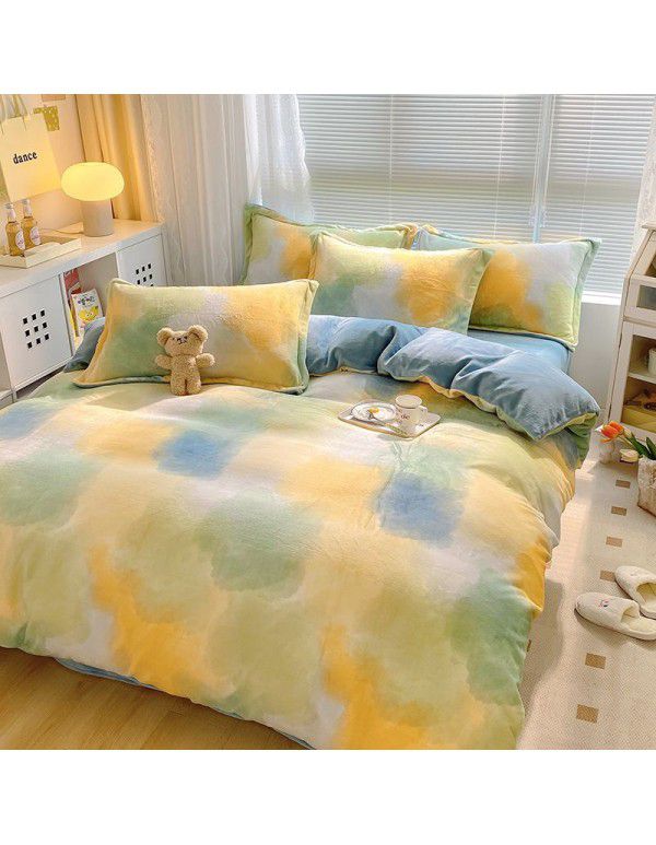 Autumn and winter thickened milk velvet bed four piece set, double-sided plush warm coral velvet bed sheet and quilt cover, three piece set wholesale