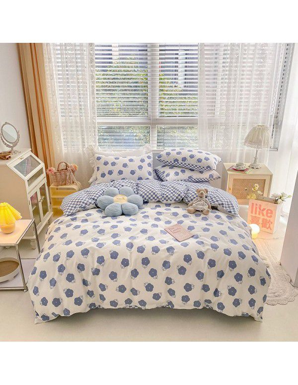 Nantong Xiaoqingxin Floral Four piece Set 100% Cotton Bedding Sheet and Quilt Cover Dormitory Three piece Nude Sleeping Set