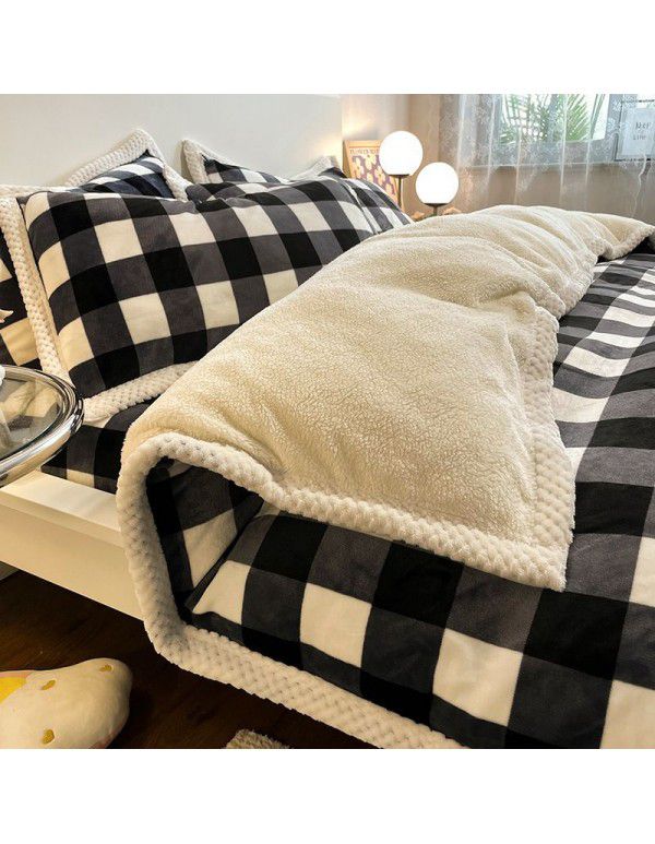 Thickened Milk Cashmere Bed 4-Piece Lamb Cashmere Checker Quilt Cover Winter Coral Cashmere Bedding Piece 3-Piece Men's Sheet Set