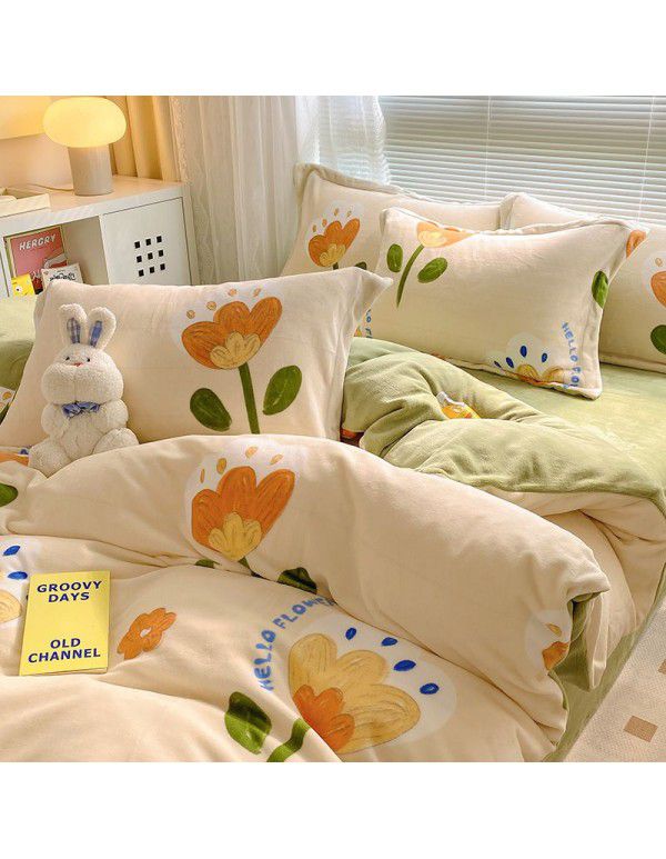 Autumn and winter thickened milk velvet bed four piece set, double-sided plush warm coral velvet bed sheet and quilt cover, three piece set wholesale