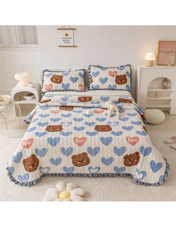 Autumn and winter thickened milk velvet bed cover three piece quilted cotton crystal velvet blanket lace warm blanket sub sheet