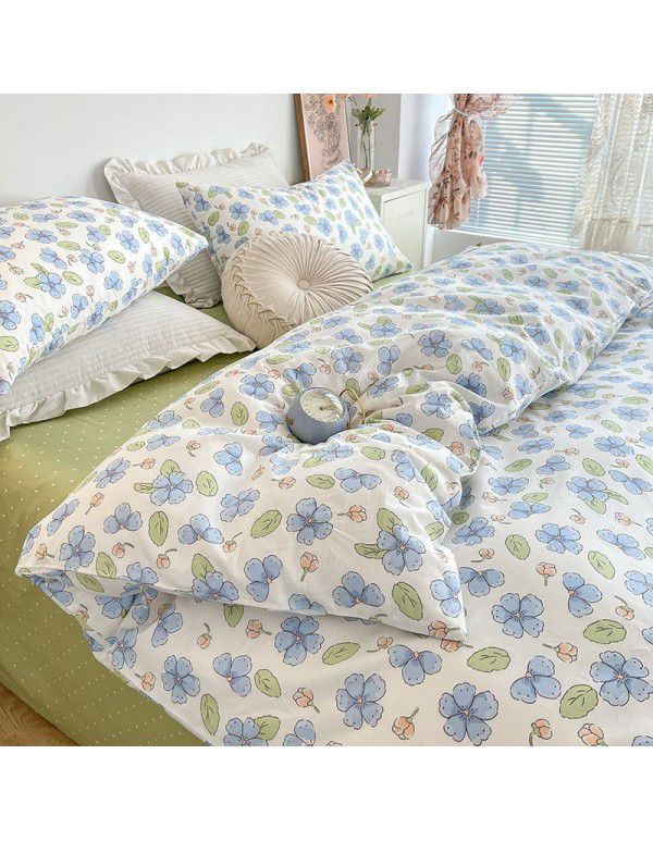 Nantong Xiaoqingxin Floral Four piece Set 100% Cotton Bedding Sheet and Quilt Cover Dormitory Three piece Nude Sleeping Set