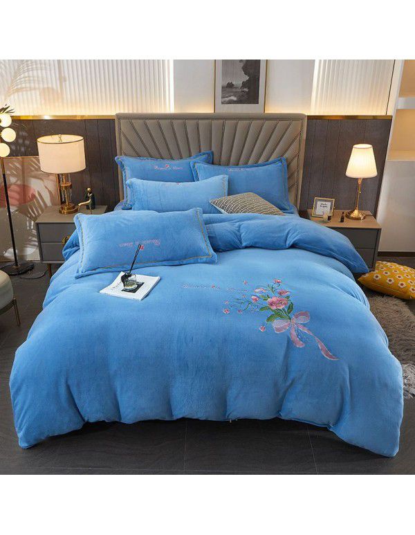 Autumn and winter thickened milk velvet four piece set, flower embroidery flannel quilt cover, bed sheet, bedding set, wholesale