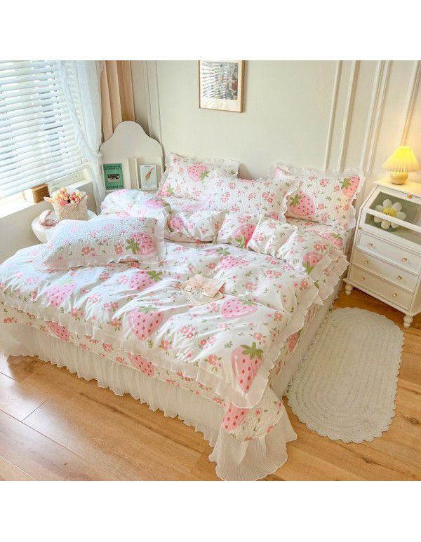 Ins Small fresh pure cotton bed sheet quilt cover fall and winter cotton bed cover three piece quilt fitted sheet four piece quilt cover