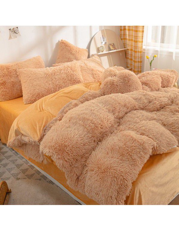 Mink four piece warm and comfortable princess style long plush three piece solid color bed sheet