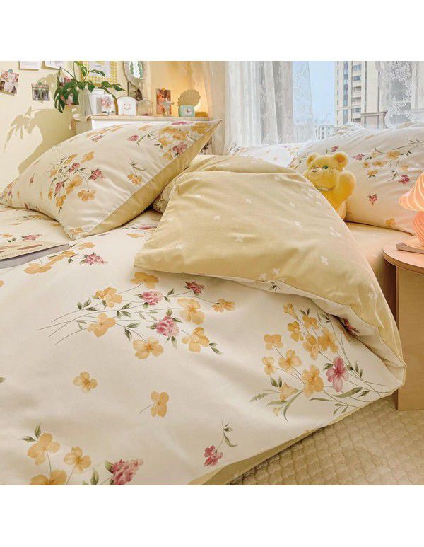 Ins wind pure cotton 100% cotton four piece bed set floral mesh red bed quilt cover sheet three piece fitted sheet