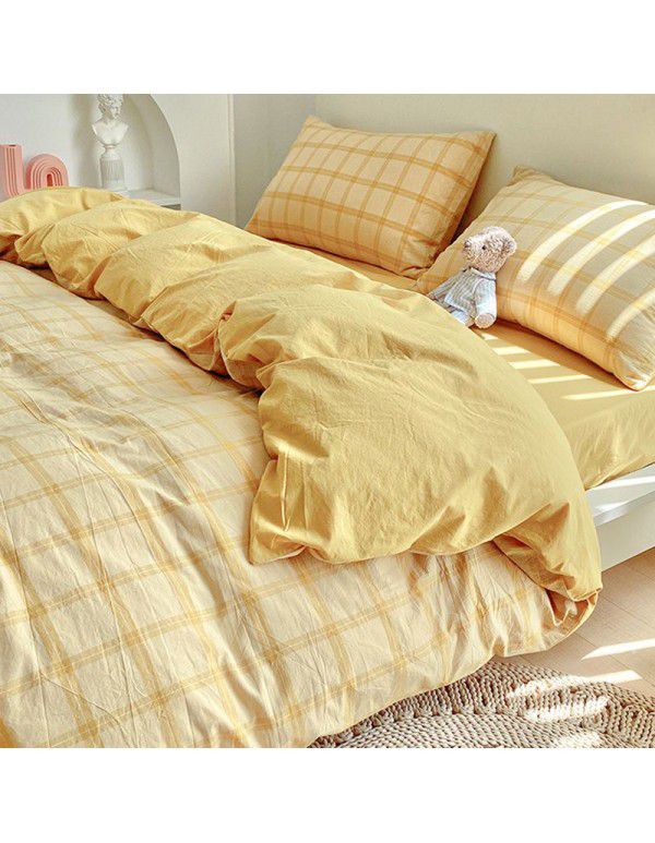 Cotton wash cotton bed four piece set 100 cotton summer Japanese simple bed linen three piece set white quilt cover sheet 4